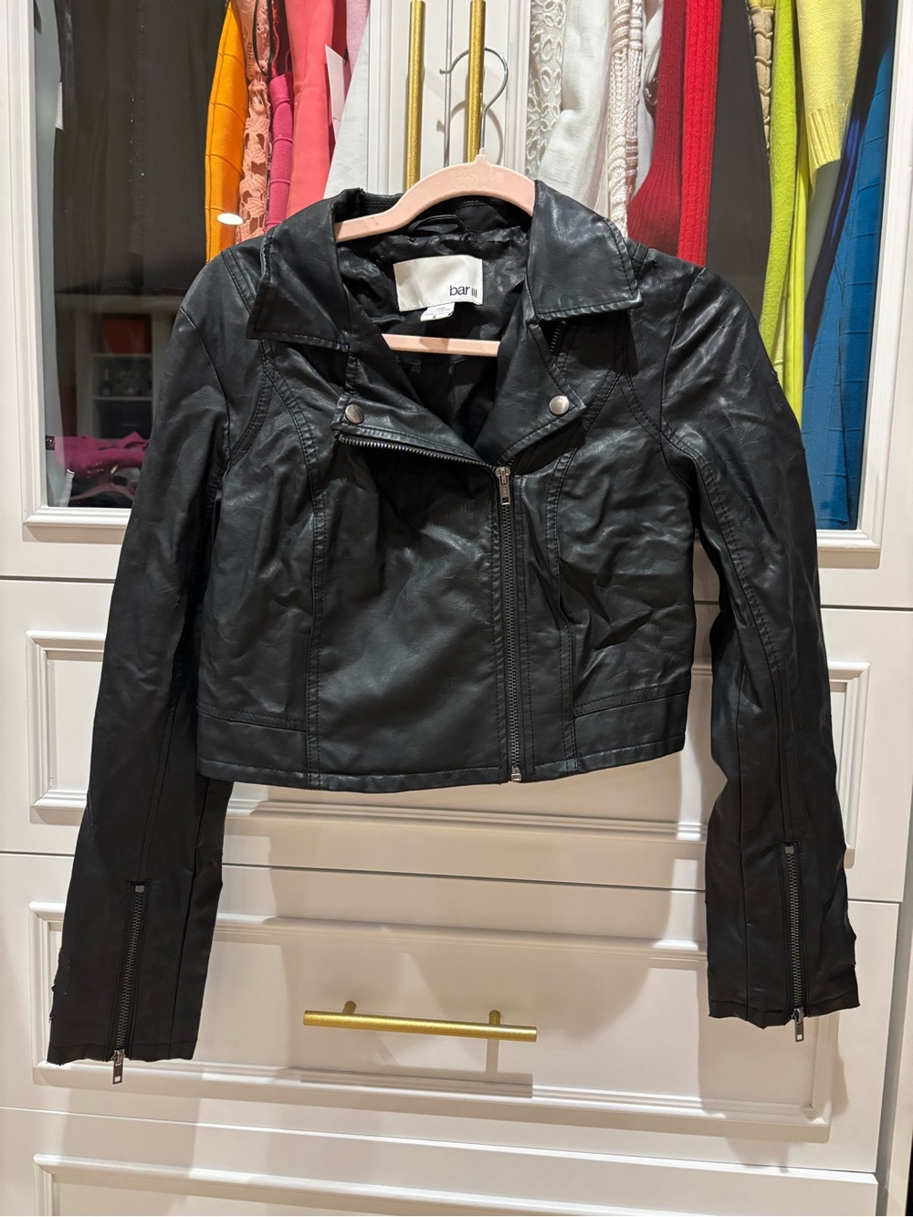 Bar III Black Faux Leather Moto Jacket with Zip Details